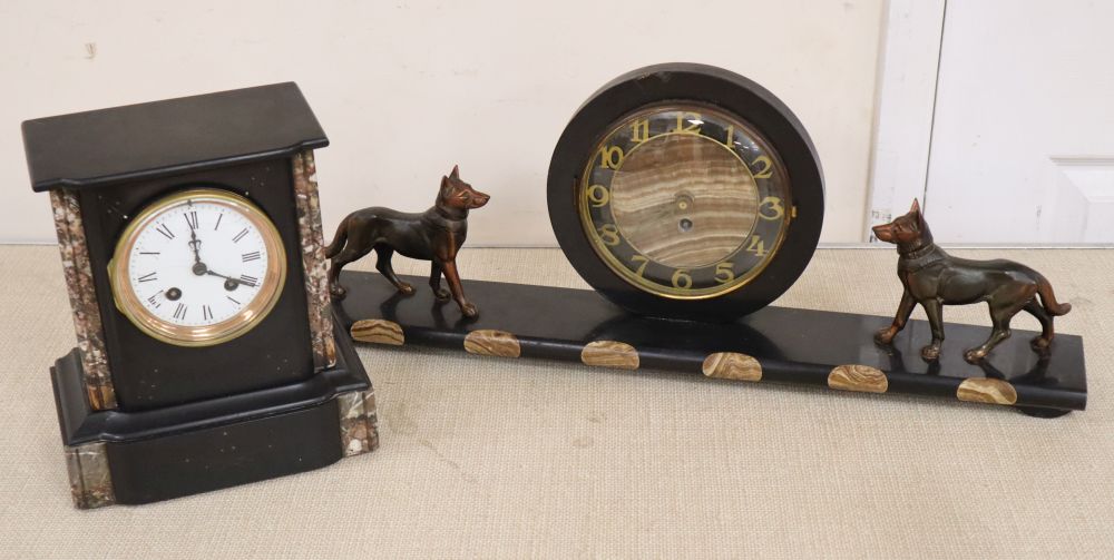 An Art Deco clock and a Victorian black slate mantel clock, for repair spares